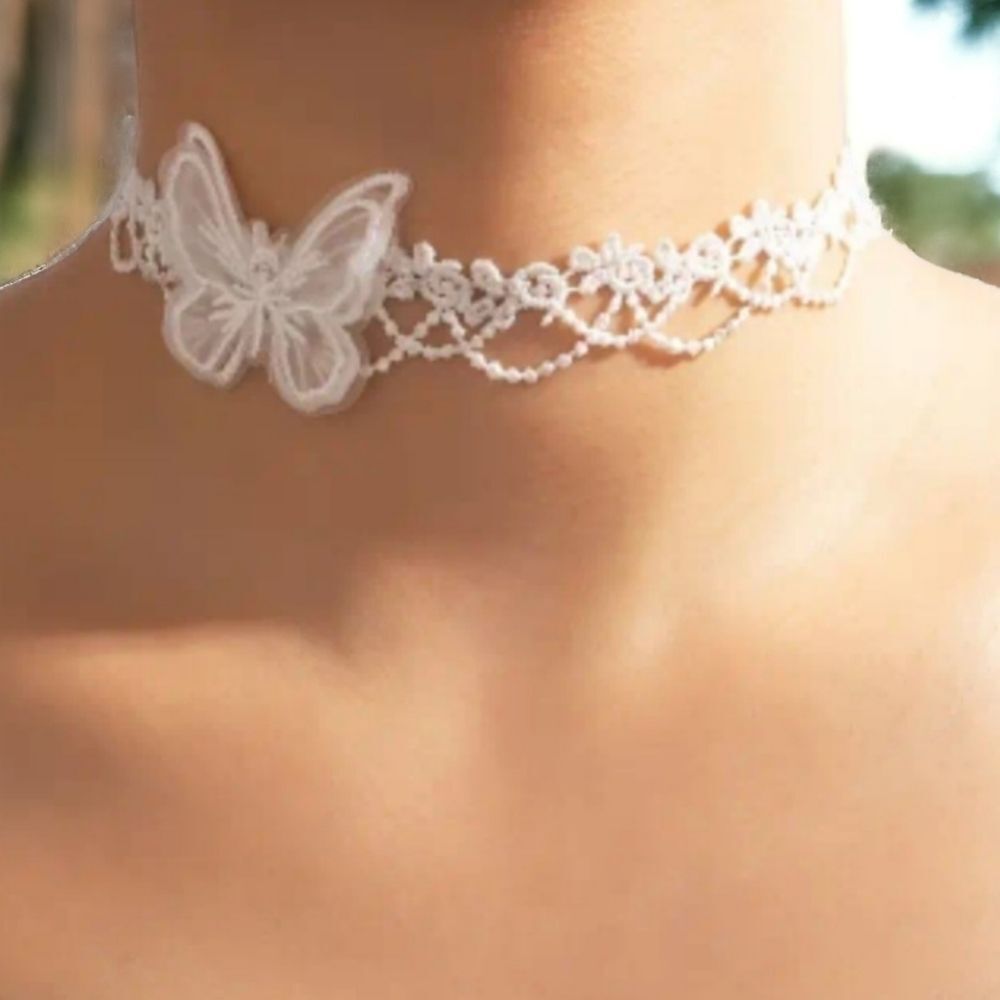 White Lace Butterfly Choker Necklace Coquette Victorian Goth Embroidered Collar